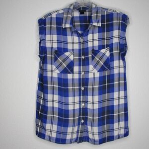 Attention Plaid Vest Button Down Collared Shirt XS Blue and White